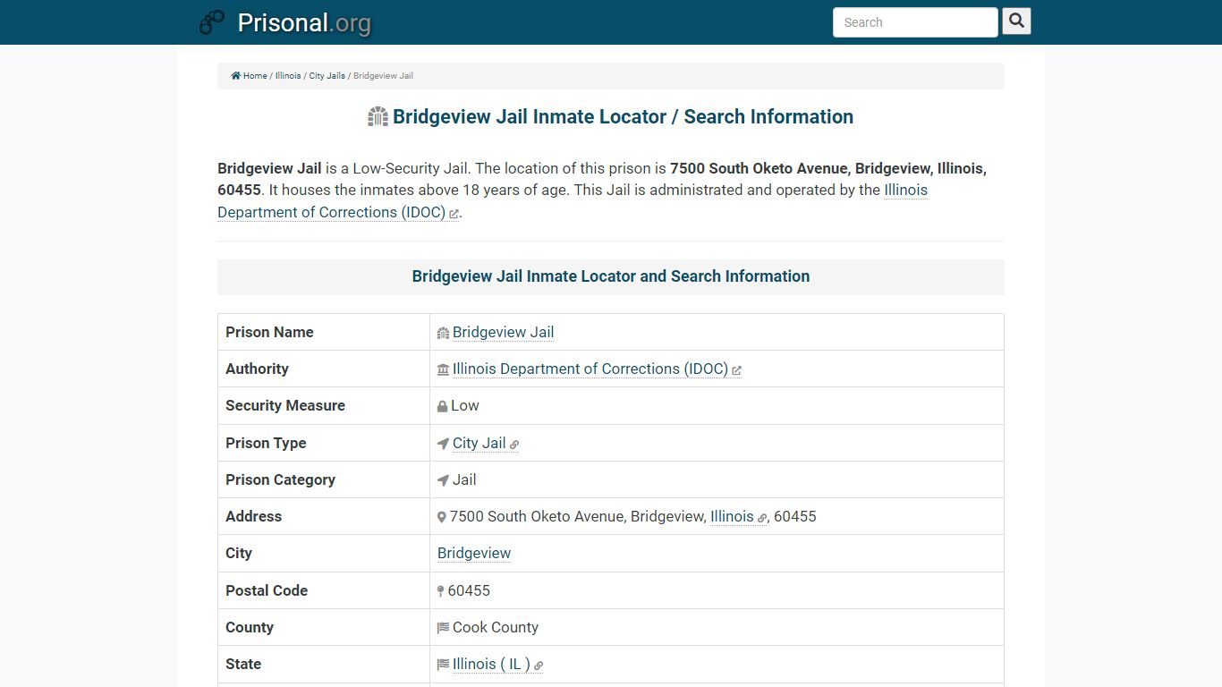 Bridgeview Jail Inmate Locator / Search Information